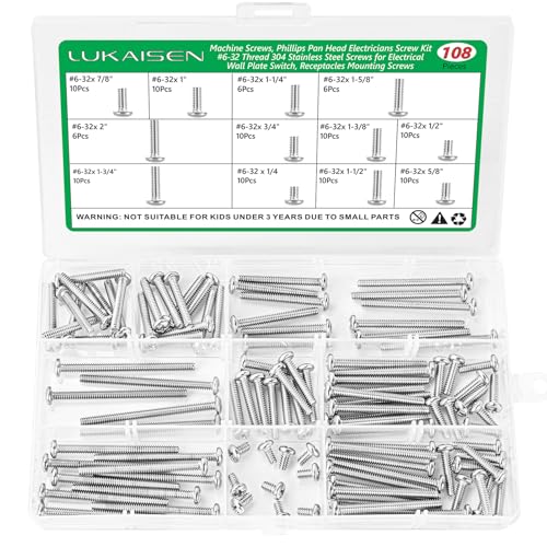 108 Pcs #6-32 Phillips Pan Head Machine Screws Kit, 304 SS | For Electrical Outlet, Switch Plate, Junction Box, Furniture Repair, 12 Sizes (1/4" To 2"), Clear Label Storage Box,Anti-Rust - size: SS 108Pcs #6-32（1/4" to 2" ）2 Pan