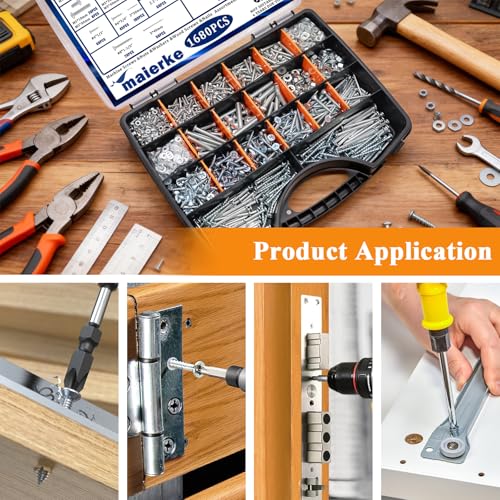 1680 PCS High Hardness Screw Bolts and Nuts & Nails & Wood Screws Assortment Kit,M3/M4/M5/M6 Machine Screws,Small Nails,#6#8 Drywall Screw Set for Picture Hanging and DIY (Length 1/2 to 2")