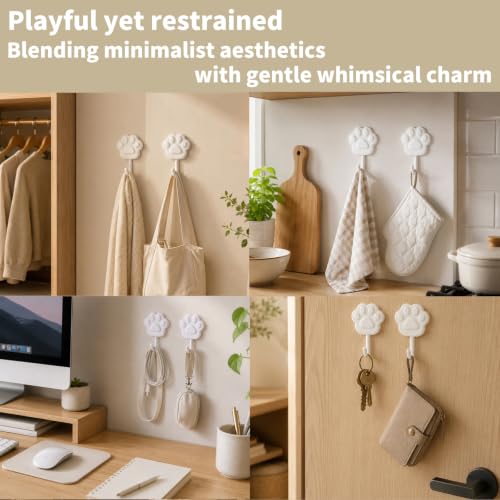 Cute Paw Self Adhesive Wall Hooks, Decorative Hooks for Walls No Damage 4lb | Small White Stick on Hooks for Keys, Dog Leashes, Towels and Bags, Ideal for Bathrooms, Kitchens, Entryways, Closets and RVs