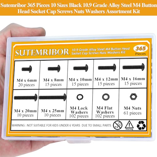 365 Pieces M4 Screws Nuts Washers Set Black, Sutemribor M4 x 6/8/10/12/16/20/25mm Button Head Socket Cap Screws Nuts Washers Assortment Kit, 10.9 Grade Alloy Steel, Fully Threaded - size: M4 x 6/8/10/12/16/20/25mm, style: Button Head