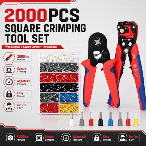 Ferrule Crimping Tool Kit, Square Crimping Plier + Automatic Wire Stripper, 2000PCS Ferrule Terminal Connectors 8 Sizes, for 0.5‑10mm² Electrical Wire, Professional Crimper Set for DIY and Electrician
