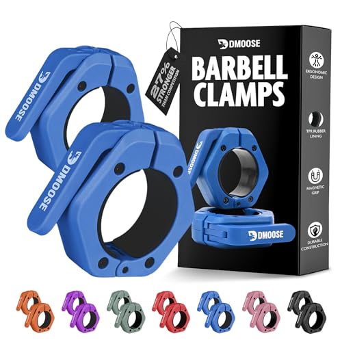 DMoose Fitness Barbell Clips 2 Inch (Pair) - Quick Release Olympic Barbell Clamps & Collars with Anti Slip TPR Grip for Secure Weightlifting and Powerlifting - Weight Clips for Bars at Home or Gym - color: Navy, style: Non Magnetic