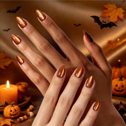 Beetles Cat Eye Press On Nails Short Almond, 32PCS, Pumpkin Spice Halloween - color: 3A - Burnt Caramel - S