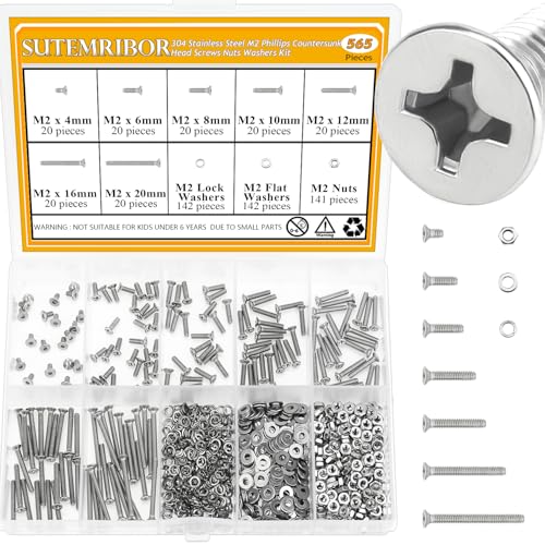 565 Pieces M2 Machine Screws Nuts Washers Set, Sutemribor M2 x 4/6/8/10/12/16/20mm Phillips Countersunk Head Machine Screws Nuts Washers Assortment Kit, 304 Stainless Steel, Fully Threaded - size: M2, style: Phillips Countersunk Head