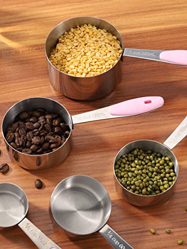 Joyhill Stainless Steel Measuring Cups and Spoons Set of 10 Piece, Nesting Metal Measuring Cups Set with Soft Touch Silicone Handles for Dry and Liquid Ingredients, Cooking & Baking (Pink) - color: c)Stainless Steel-Pink