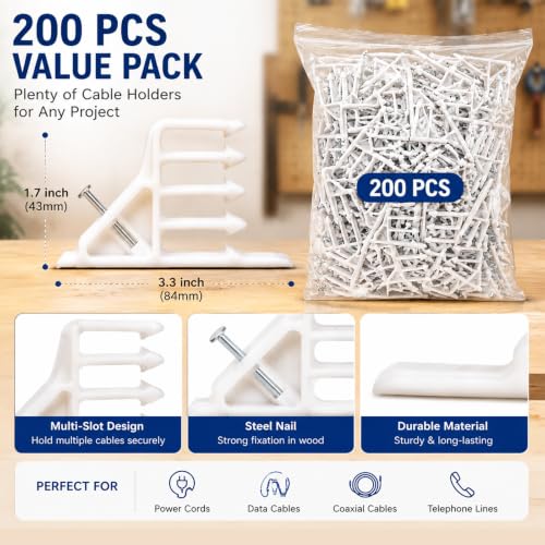 Multi-Cable Staples 200 Pack, White Electrical Wire Stackers, Steel Nails - color: White