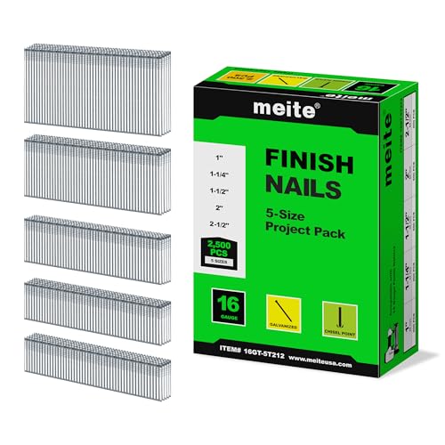 meite 16 Gauge Finish Nails 5 Sizes Galvanized Straight T-Nails 2,500PCS - size: 5 Sizes Finish Nails Set