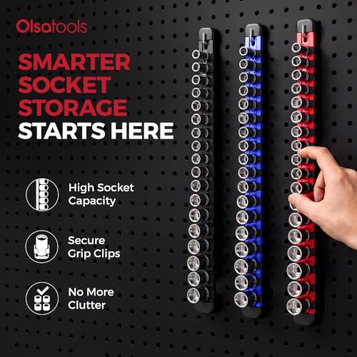 Olsa Tools 3/8-Inch Socket Organizer Rail with Locking Caps, Blue - color: Blue, size: 3/8-Inch Drive
