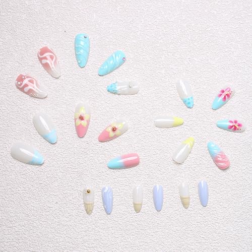 3D Color Press on Nails Almond - Medium French Tip Fake Nails with Embossed Flower&White Bead Designs, Glossy Finish Reusable False Nails for Women Manicure(3D Embossed design 10) - color: 3D Embossed design 10