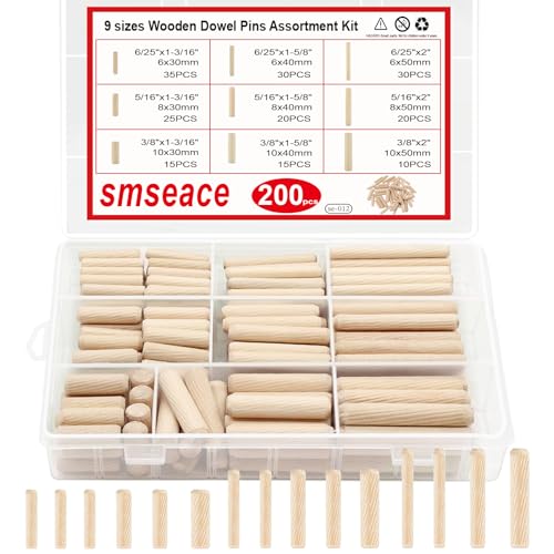smseace Wooden Dowel Pins with Tapered End with Bevel Angle Groove Wood Pegs - 9 Sizes 6/25inch 5/16inch 3/8inch(6mm, 8mm, 10mm) Used for Crafts, Furniture, Door, DIY - size: 200Pcs - 9 Sizes