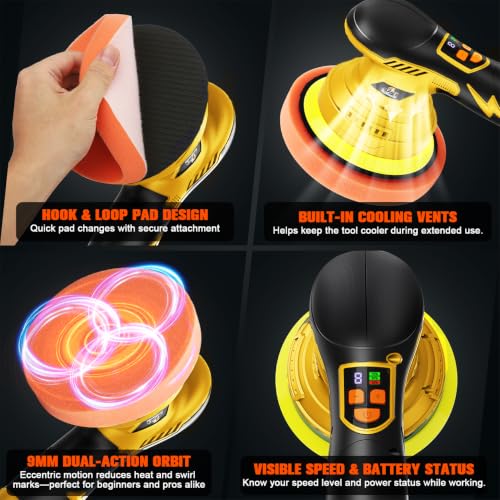 Cordless Dual Action Car Buffer Polisher, 8-Speed, 2*21V Batteries - color: Yellow