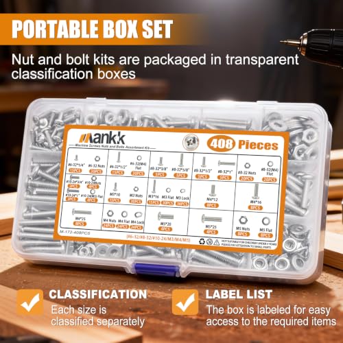 mankk 408PCS Machine Screws Assortment Kit, SAE & Metric Nuts Bolts - size: SS #6/#8/#10&M3/M4/M5, style: Phillips Pan Head