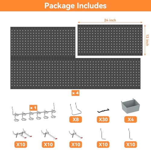 WALMANN Metal Pegboard Kit with Accessories, 24x48 in Garage Tool Pegboards - color: Black