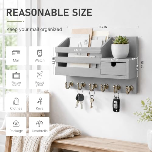 FifthQuarter Key Holder for Wall with Drawer and 6 Sturdy Hooks, A-Grey - color: A-Grey