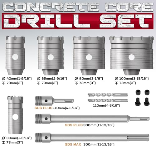 DAIMIT 16PCS Concrete Hole Saw Kits with 2 Drill Bits and SDS Plus & Max Shank, Hole Saw Tool Set for Concrete Cement Brick Stone Wall Drilling, Kit Size 30 40 65 80 100MM - size: 30 40 65 80 100MM