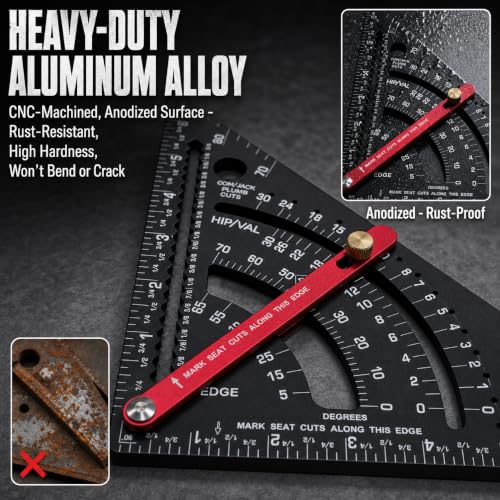 Carpenter Square 7 Inch – Adjustable Rafter Square with Laser-Engraved Scales, Aluminum Alloy Combination Framing Square for Woodworking, Angle Measurement, Saw Guide & DIY Projects
