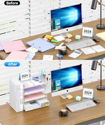OPNICE Desk Organizers and Accessories, 4-Tier Desktop File Organizer with Drawer and Pen Holders, Office Desk Accessories Workspace Organizers for Office Supplies (Soft White) - color: Soft White, size: 4T