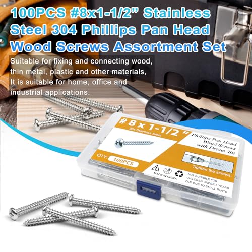 100PCS #8 x 1-1/2" Wood Screws, Pan Head Stainless Steel Sheet Metal Screws, Fast Self Tapping Screws for Deck Drywall Concrete Screws with Screwdriver Bit - style: Silver #8X1-1/2" Pan Head 100PCS