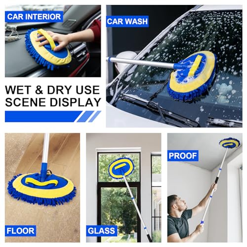 Ordenado 62" Car Wash Brush Kit Mitt Mop Sponge with Long Handle Chenille Microfiber Car Cleaning Brush Kit Supplies Car Washing Mop Kit Car Care Kit of Scratch-Free Replacement Head for Car RV Truck - color: B-blue