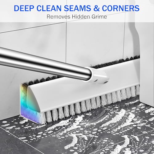 Grout Brush with Long Heavy Duty Handle, 180° Swivel Floor Scrub Brush, V-Shaped Grout Line Scrubber with Stiff Bristles, Cleaning Brush for Deep Cleaning Tile Grout, Shower, Kitchen, and Concrete
