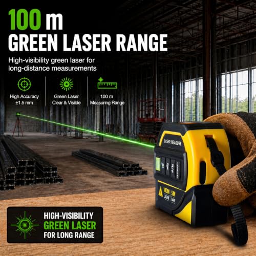 4-in-1 Digital Green Laser Tape Measure, 16FT Auto-Lock Tape, 328FT Laser