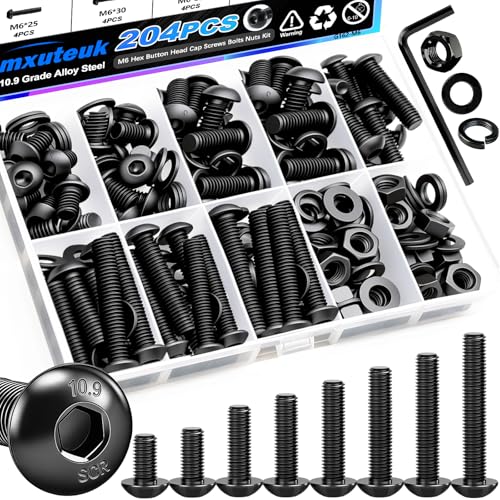 mxuteuk 204PCS M6 Screws,M6x8/10/12/16/20/25/30/35mm Hex Button Head Cap Bolts with Nuts & Washers,10.9 Grade Alloy Steel Black Zinc Screws Assortment Kit for 3D Printing,DIY - size: 204PCS M6