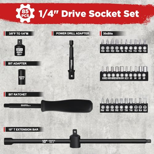 1/4" Socket Set 85 Piece, Metric Shallow/Deep Sockets (4-15mm) and SAE Shallow/Deep Sockets (5/32-9/16), Screwdriver Bit Set, Tool Kit for Home Use and Automotive Repair - color: 1/4-85pcs