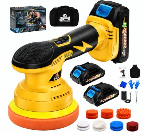 Cordless Dual Action Car Buffer Polisher, 8-Speed, 2*21V Batteries - color: Yellow