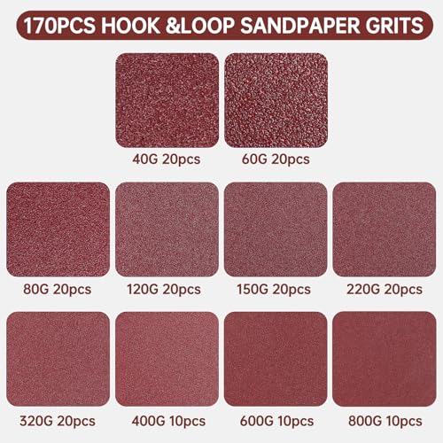 170 PCS 5 Inch 8-Hole Sanding Discs, Round Hook and Loop
