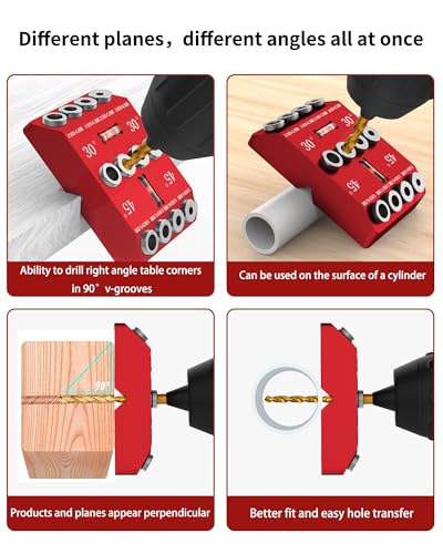 30 45 90 Degree Angle Drill Guide Jig for Hand Drill, Angle Drill Guide for Straight Holes and Angle Drilling, used for Stairs Handrails, Cable Railings, Decks, and Wood Posts Level design，with 4 Bits - color: Aluminum Red