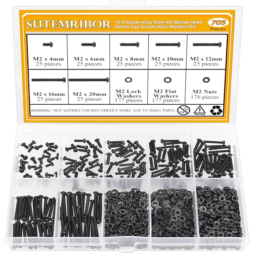 705 Pieces M2 Screws Nuts Washers Set Black, Sutemribor M2 x 4/6/8/10/12/16/20mm Button Head Socket Cap Screws Nuts Washers Assortment Kit, 10.9 Grade Alloy Steel, Fully Threaded - size: M2 x 4/6/8/10/12/16/20mm Kit, style: Button Head