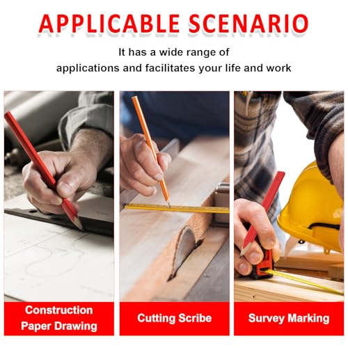 Honoson 200 Pcs Flat Construction Pencils with Printed Ruler Wood Graphite 2 Pcs Carpenter Pencil Sharpener for Woodworking Marking Tool (Orange and Red) - color: Orange and Red