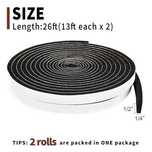 Yotache Open Cell Self-Adhesive Foam Seal Tape 1/2" x1/4", 13 FT x 2Pcs | Weather Stripping for Door Insulation, Soundproof, Weatherstrip - size: (0.5"×1/4") 26FT