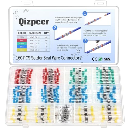 160 Pcs Solder Seal Wire Connectors Kit, Electrical Connectors Heat Shrink Wire Connectors Waterproof Electrical Cable Butt Terminals for Marine Automotive Trailer RV Boat Truck Wiring - size: 160 PCS