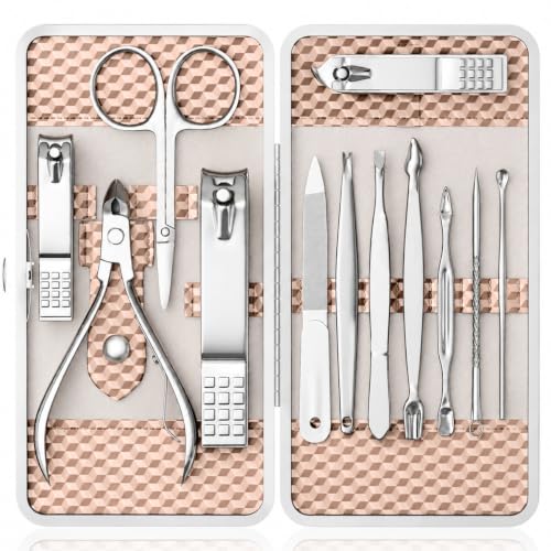 Manicure Set, Stainless Steel Nail Clipper Set with Luxurious Travel Case - color: Silver and Rose Gold