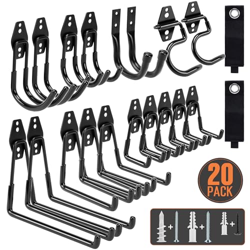 TONDA Garage Hooks, 20 Pack Wall Storage Hooks for Bike, Ladder and Tools - color: Black