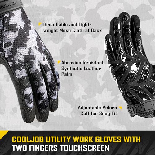 COOLJOB Mechanic Safety Work Gloves, Enhanced Anti-Slip Grip Tactical Gloves, Touchscreen, Breathable, Ultra-Soft, S-XL - color: Black Camo, size: Small
