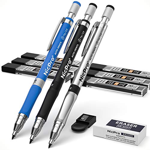 Nicpro 11 Pieces 2mm Mechanical Pencil Set 3 PCS Carpenter Drafting Pencil - color: Black