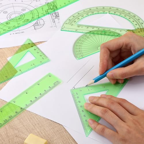 Tenare 6 Pcs Math Geometry Ruler Set, Protractor Triangle School,Green - color: Green