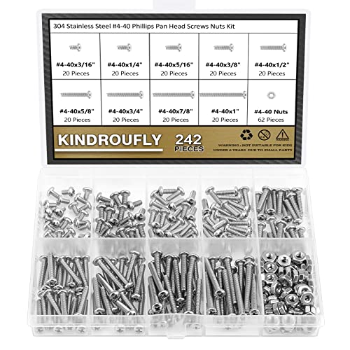 242 Pieces #4-40x 3/16", 1/4", 5/16", 3/8", 1/2", 5/8", 3/4", 7/8", 1", Phillips Pan Head Machine Screws Nuts Assortment Kit, 304 Stainless Steel, Fully Machine Thread - size: #4-40