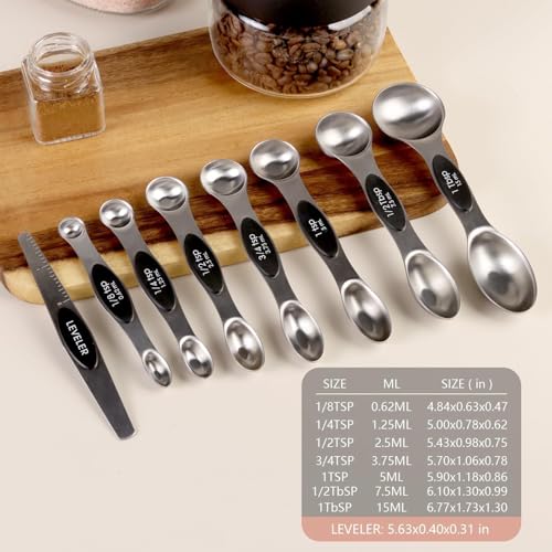 ChefAide Set of 8 Magnetic Measuring Spoons, Stainless Steel, Dual Sided - color: Black, size: Magnetic Measuring Spoons