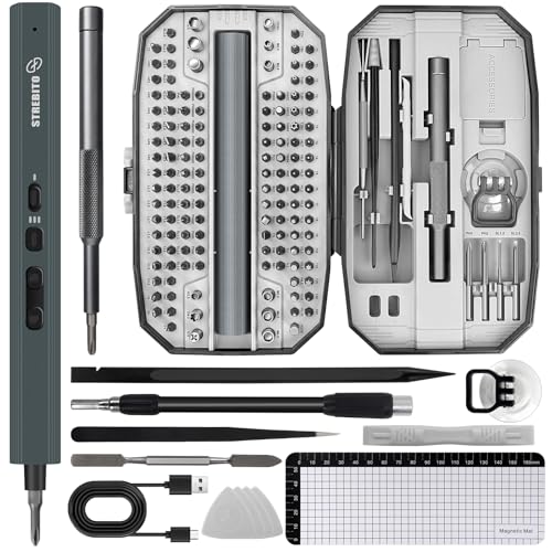 STREBITO 155 in 1 Electric Screwdriver Set, Electric Precision Screwdriver | 140 S2 Magnetic Bits, 3 Torque Settings, 650mAh Battery, Small Power Screwdriver Electronic Repair Tool Kit for Computer RC - color: Grey