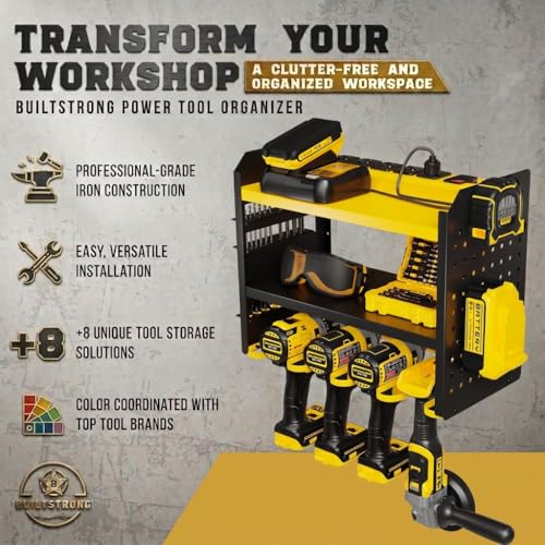 BUILTSTRONG Power Tool Organizer Wall Mount – 3-Tier Heavy-Duty Steel Rack, 4 Drill Slots, Pegboard + Utility Side, 100 lb Capacity – Garage, Workshop & Shed Storage (Yellow) - color: Yellow, size: 4 Drill Holder