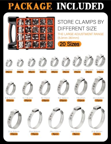 500PCS 20 Size Single Ear Hose Clamp Kit and PEX Crimping Tool,Cinch&Remove - size: 500 PCS 20 Size