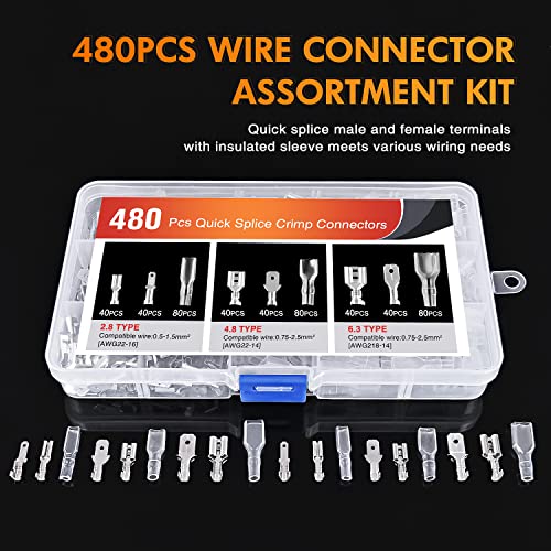 Nilight 480PCS Insulated Male and Female Spade Terminals | Open Barrel Copper Crimp Electrical Tin Plated Wire Connector 22-16AWG 22-14AWG 18-14AWG for Automotive Car Audio Speaker Wiring Projects - color: 480PCS Crimp Terminals