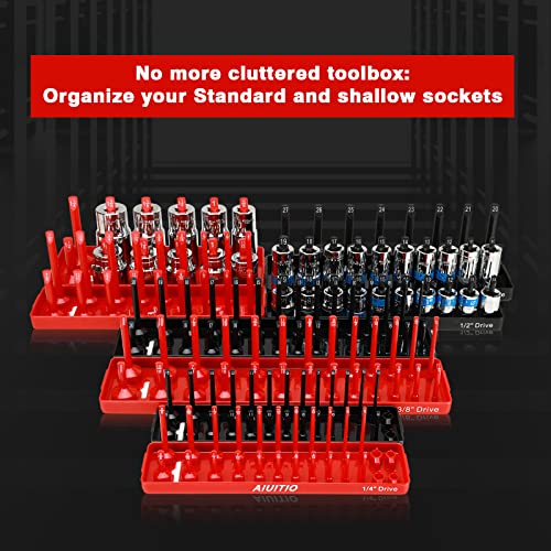 AIUITIO 8 Piece Metric & SAE Socket Organizer Tray Set, 1/4-Inch, 3/8-Inch & 1/2-Inch Drive Standard & Deep Socket Holders for Toolboxes, Store 176 Sockets - size: 176 Socket Capacity