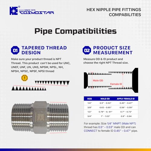 Cosmostar 3 PCS 1/4" Male Hex Nipple Pipe Fittings, 304 Stainless Steel NPT Threaded Pipe Adapter, Compact Heavy Duty Fittings for Air, Fuel & Water Lines - size: 1/4 NPT-3pcs