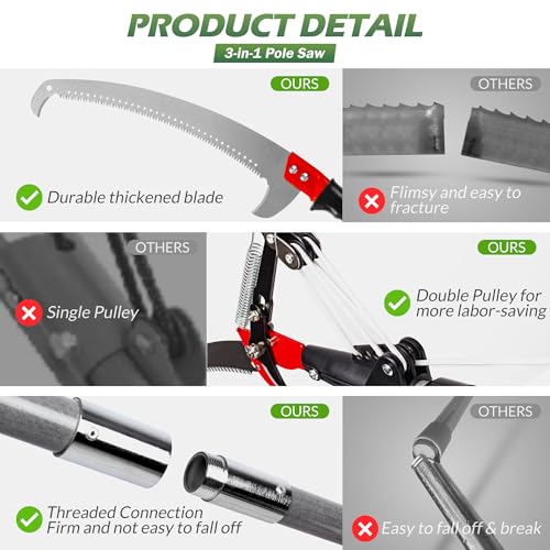 Walensee Pole Saws for Tree Trimming, Extendable Tree Pruner,Manual Branch Timmer with Blade and Scissors High Branches Pruning Fiberglass Pole Pruner and Cutter Garden Tool with Storage Bag 7.2-27FT - size: 27 FT