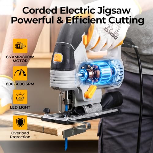 DEKO Electric 800W Jigsaw Tool Power Jig Saws for Woodworking, Wood Cutter Hand Tool with 6 Variable Speed,LED Light