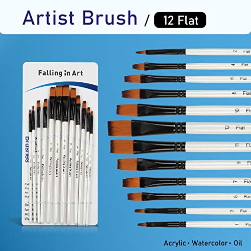 Falling in Art 12 PCS Professional Flat Paint Brushes Set - size: 12 Pcs Flat Nylon